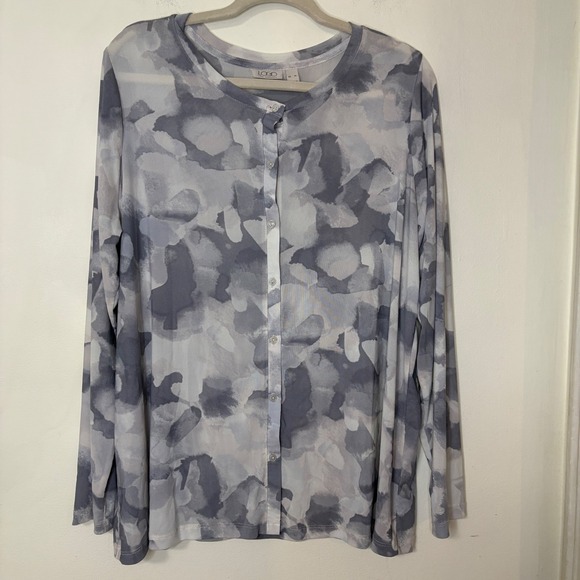 LOGO by Lori Goldstein Tops - LOGO Lori Goldstein Womens XL Mesh Blue Gray Watercolor Blouse Ethereal Artsy
